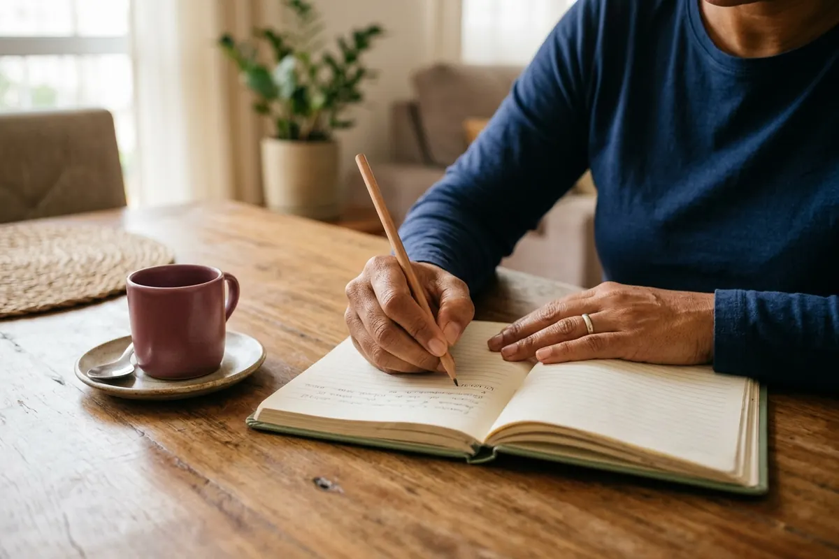 Mãos escrevendo a lápis num caderno sobre a mesa da sala