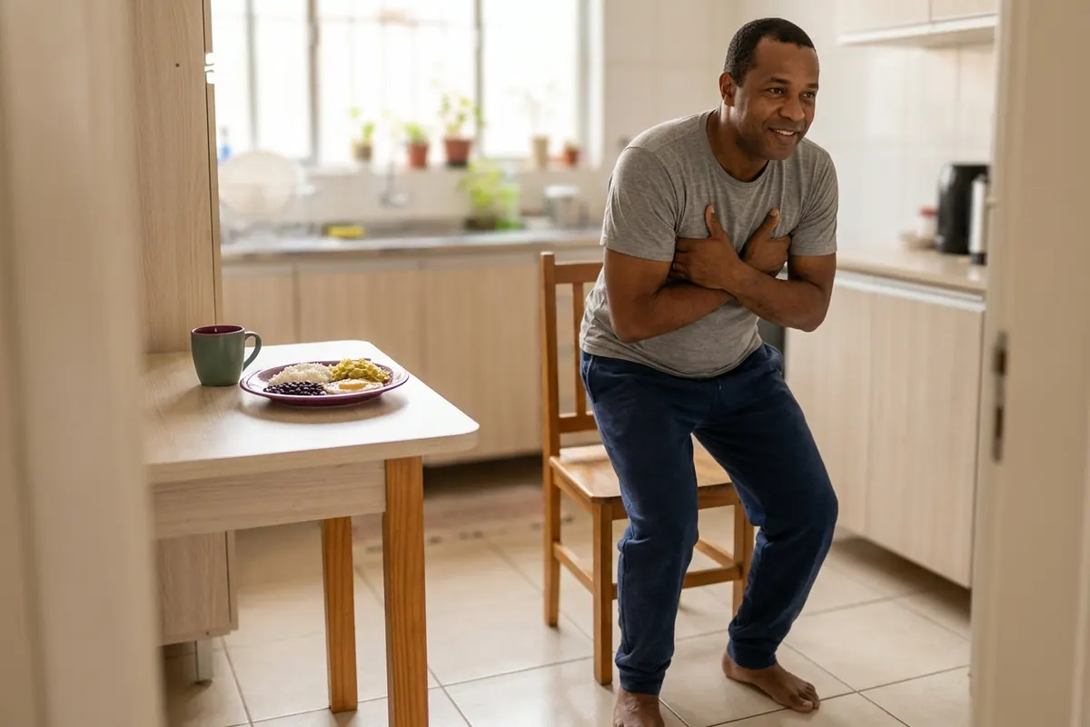 Homem de 44 anos levantando de uma cadeira com os braços cruzados no peito, na cozinha