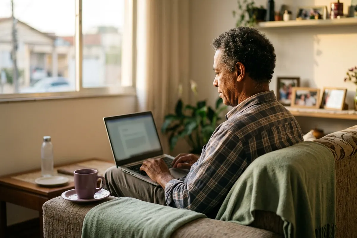 Homem de 53 anos de costas pesquisando no notebook no sofá