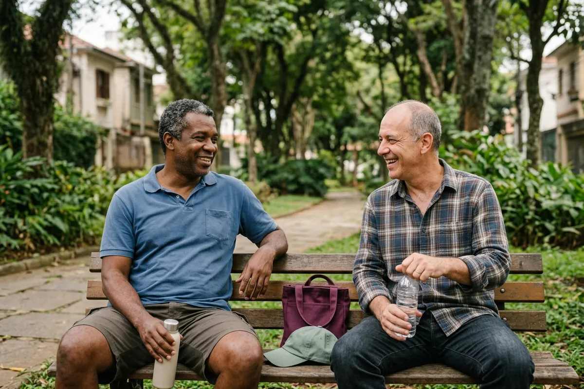 Dois amigos conversando num banco de praça com garrafas de água depois de caminhar