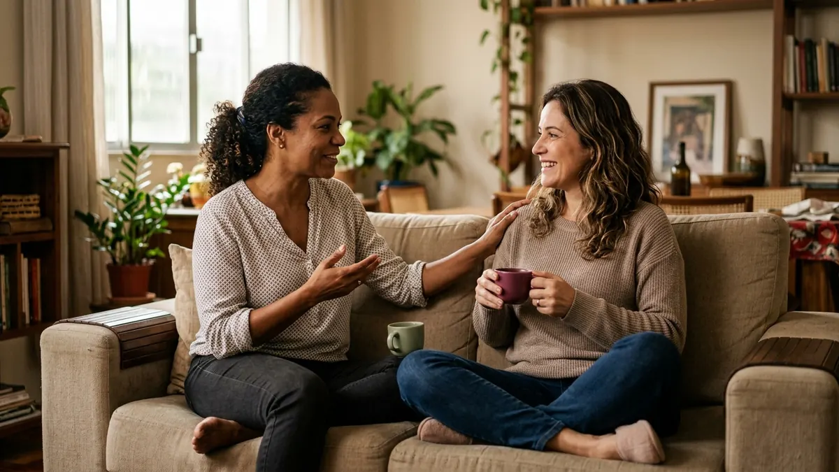 Duas irmãs conversando no sofá com xícaras de café, uma apoiando a mão no braço da outra