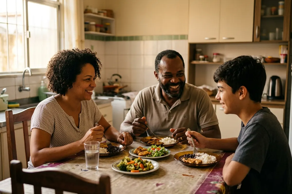 Família jantando e conversando na mesa da cozinha com pratos pequenos