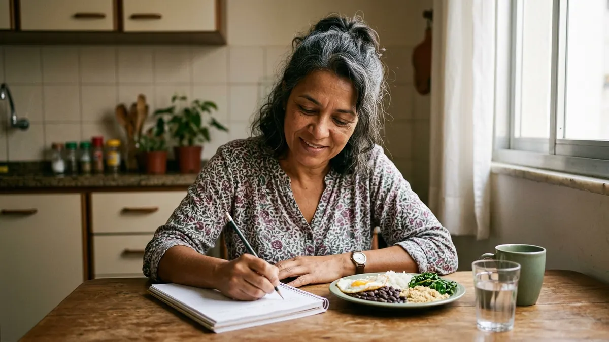 Mulher de 48 anos com um caderno de contas aberto na mesa da cozinha