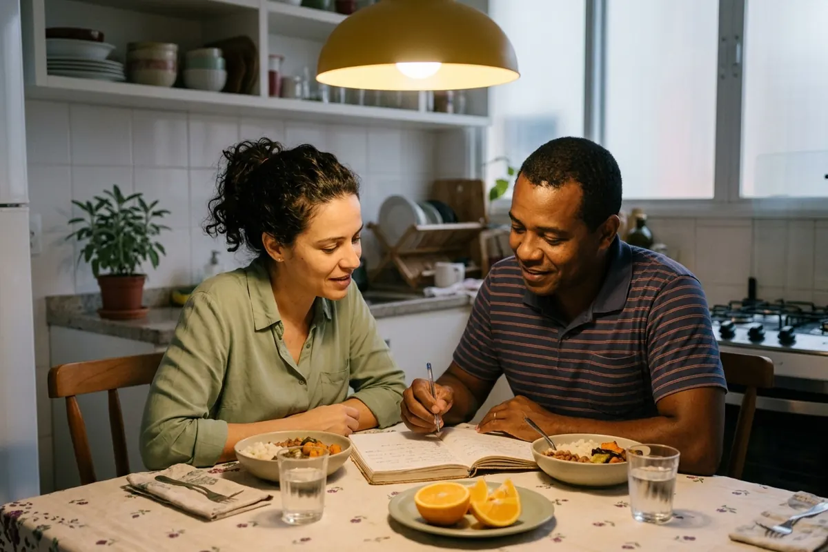 Casal conversando à noite na mesa da cozinha com um caderno aberto