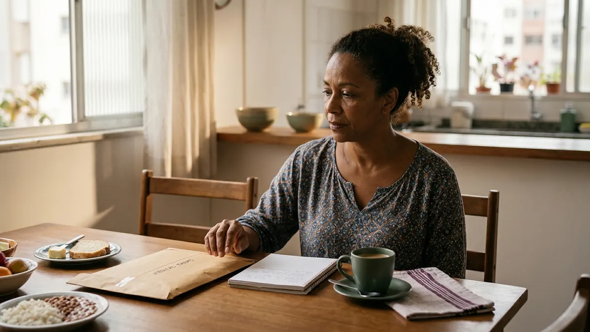 Mulher de 50 anos sentada à mesa de casa com um envelope de exames e um caderno aberto