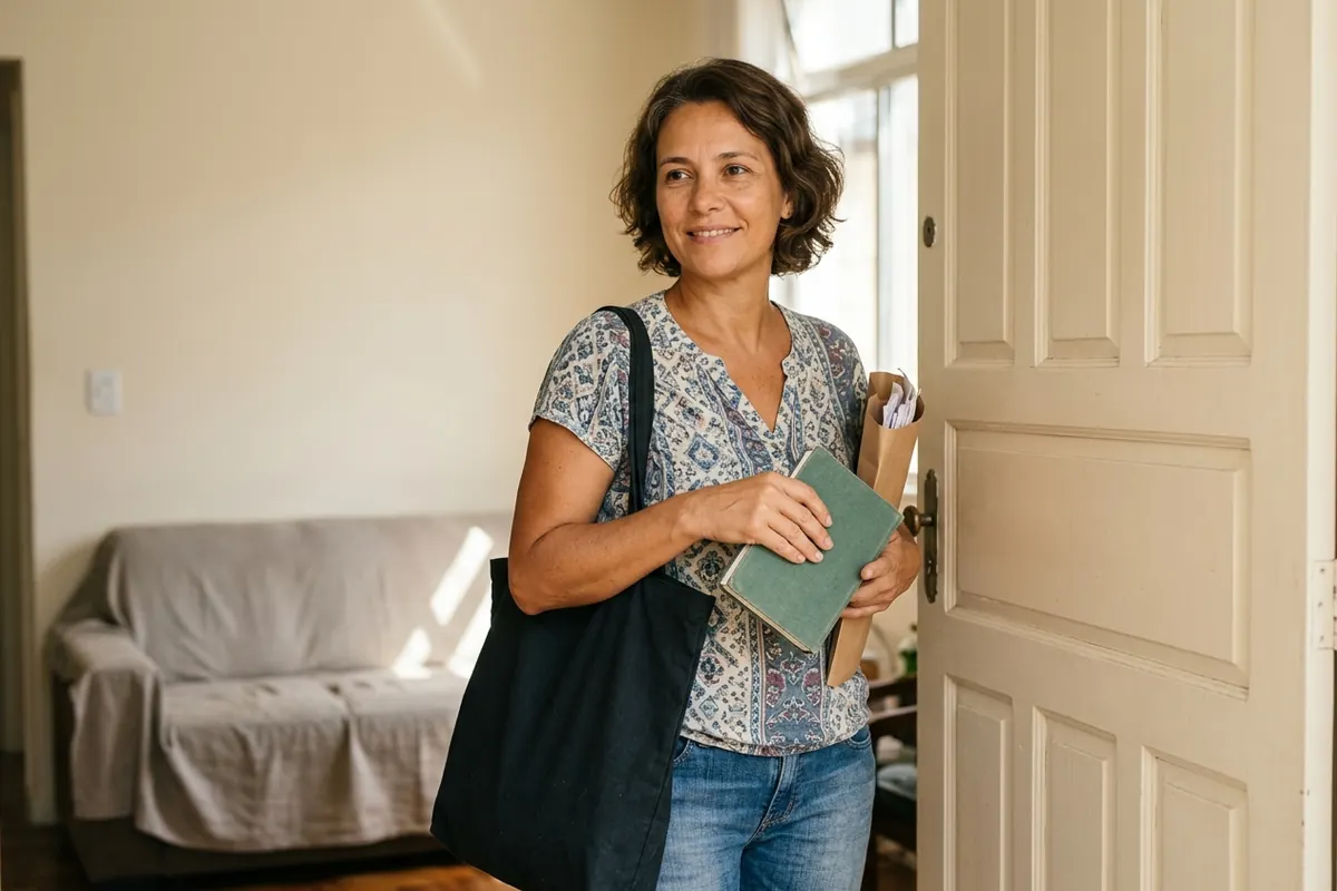 Mulher guardando um caderninho e uma pasta de papéis na bolsa antes de sair de casa