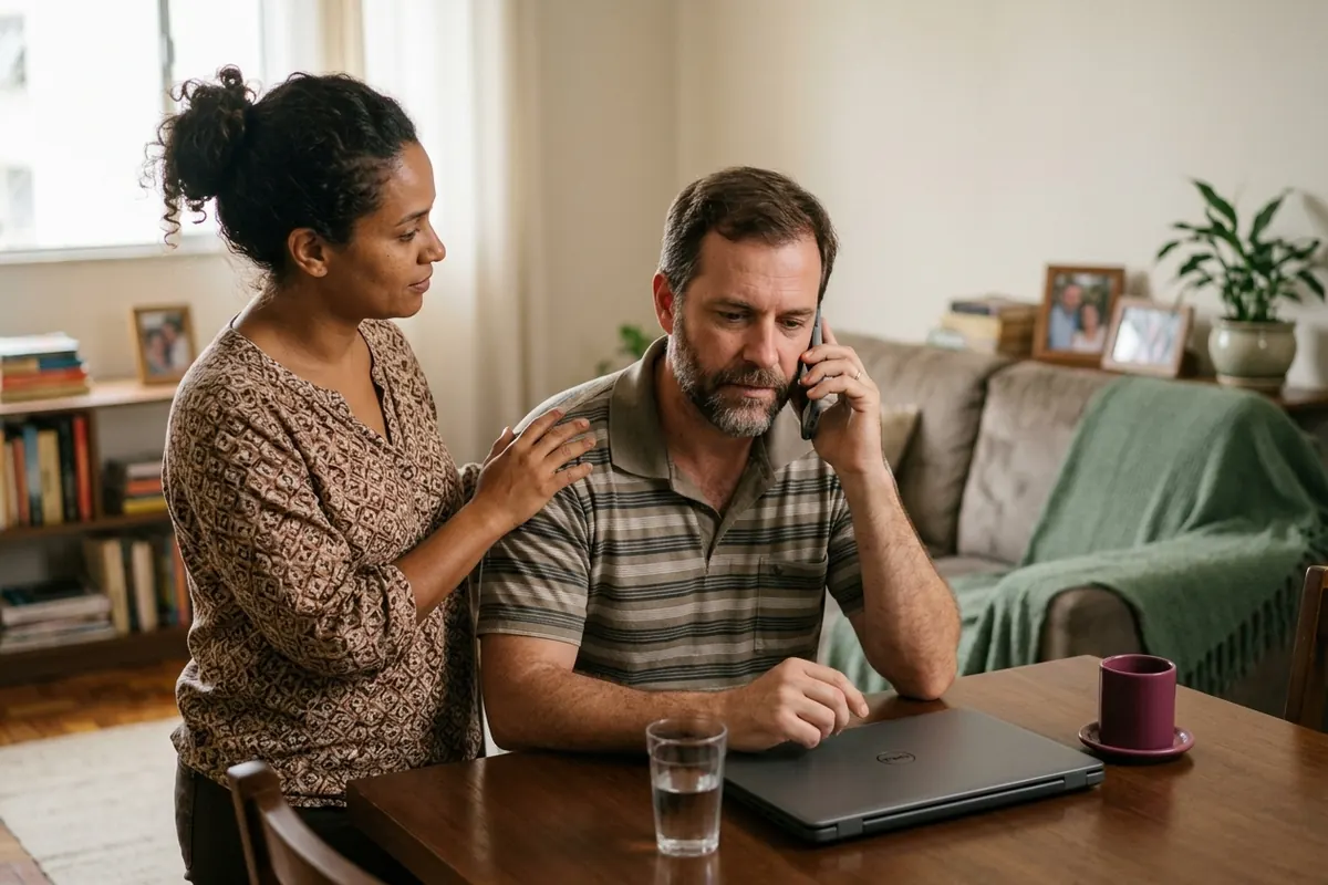 Homem falando ao telefone com a irmã ao lado apoiando a mão no ombro dele