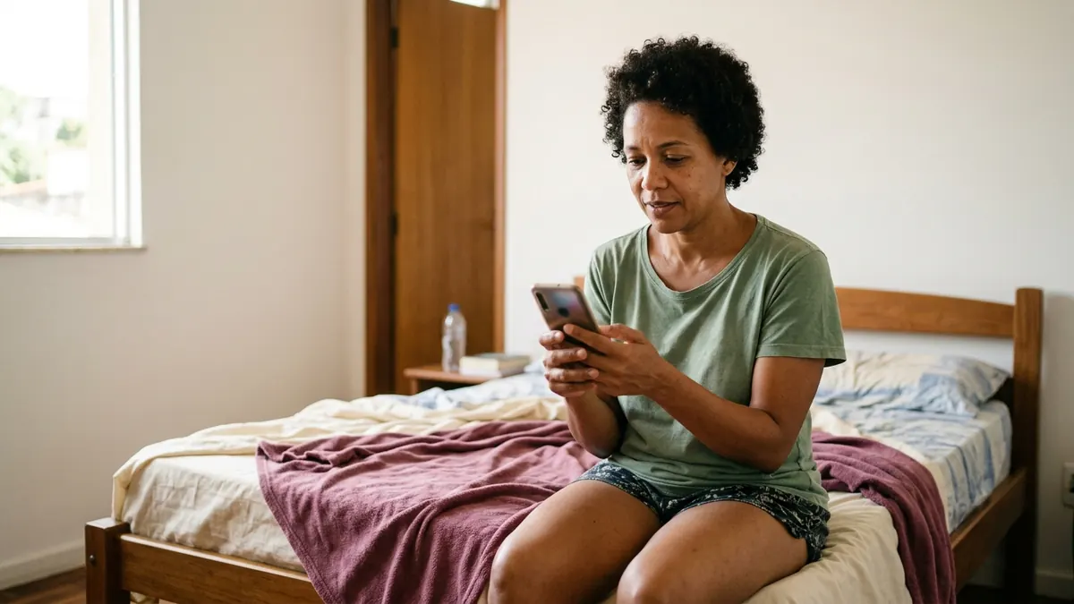 Mulher de 46 anos sentada na cama olhando o celular com atenção