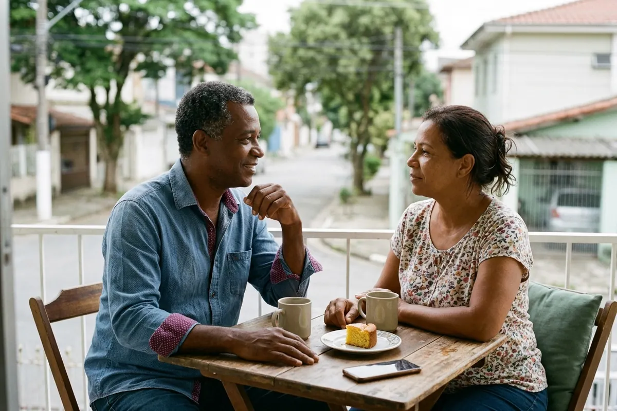 Casal de uns 55 anos conversando na varanda com o celular virado para baixo na mesa
