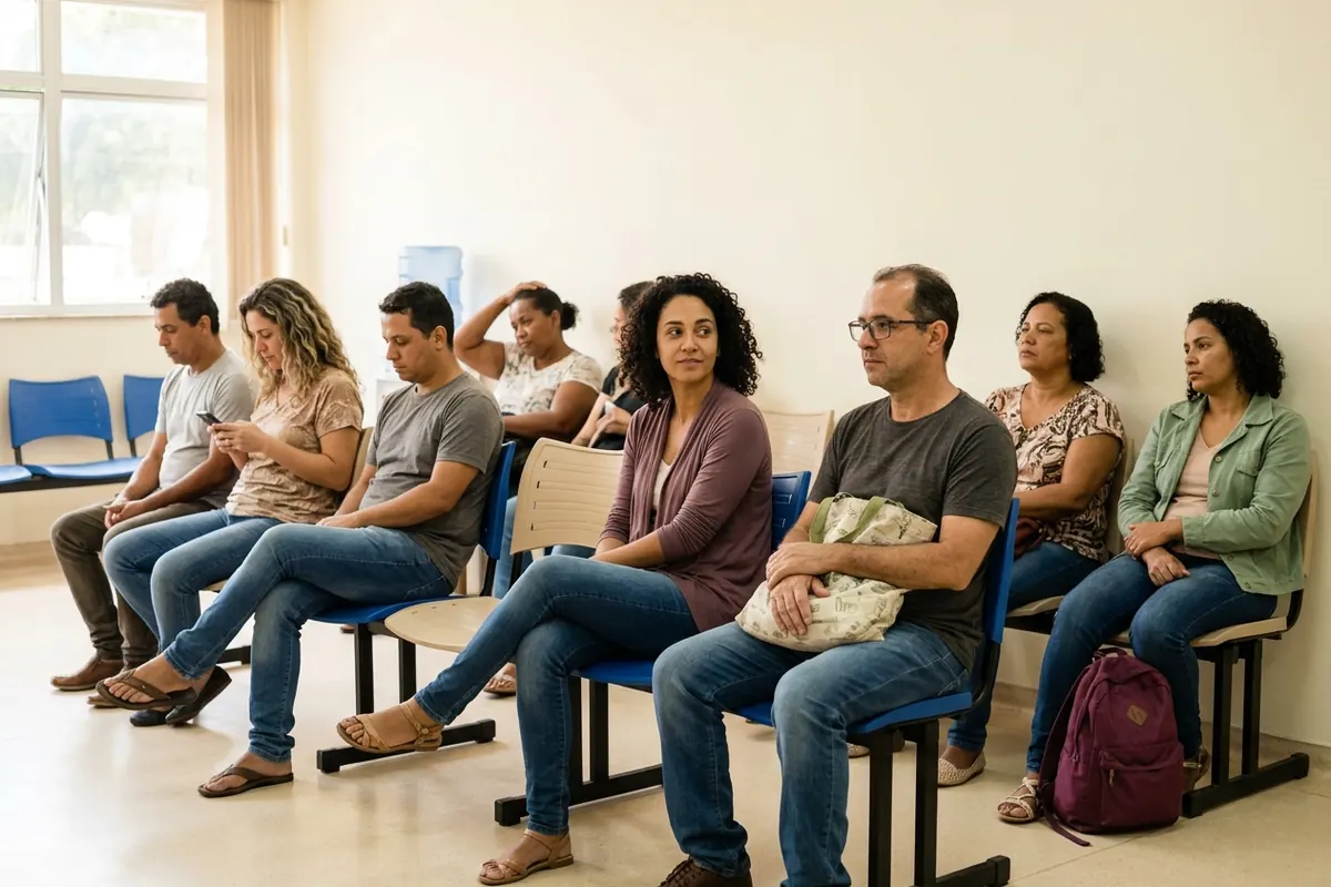 Pessoas aguardando sentadas em cadeiras de plástico numa sala de espera de unidade de saúde
