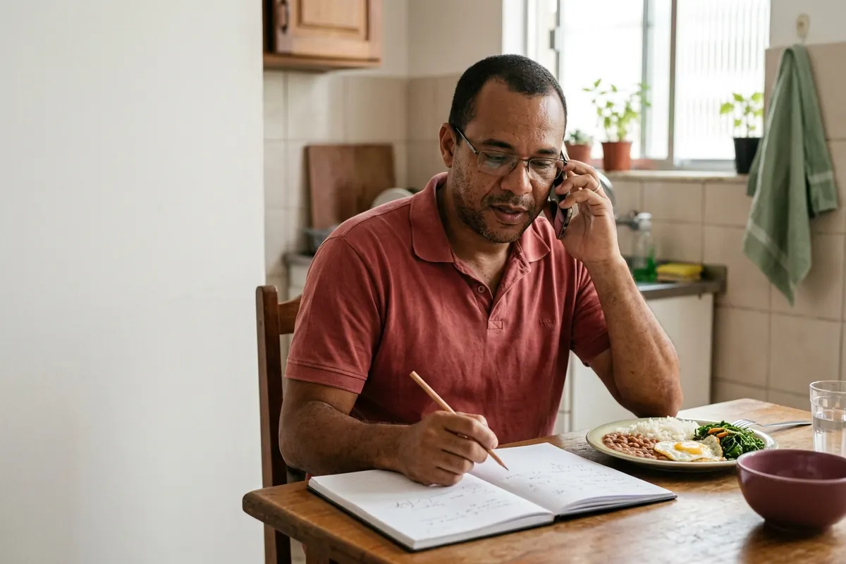 Homem de 38 anos falando ao telefone com um caderno aberto na mesa da cozinha
