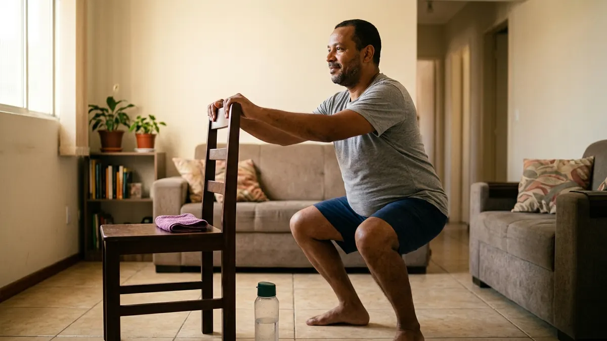 Homem de 47 anos fazendo agachamento com apoio de uma cadeira na sala de casa