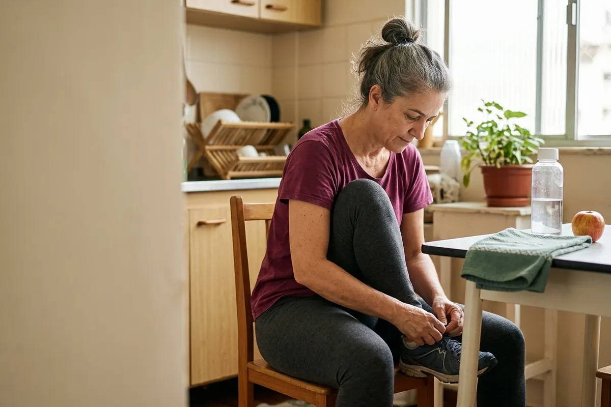 Mulher de 52 anos amarrando o tênis sentada numa cadeira da cozinha