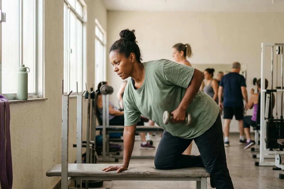 Mulher de 36 anos fazendo remada com halter leve numa academia de bairro simples