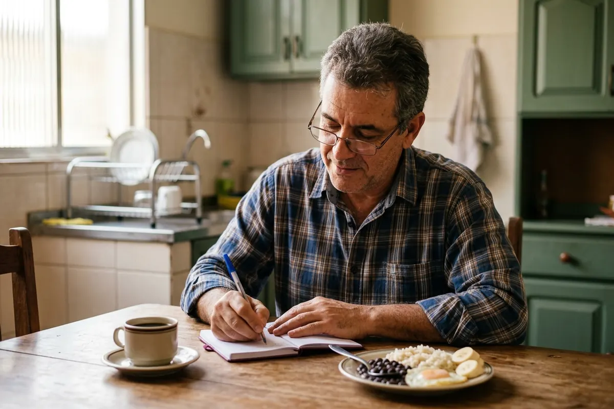 Homem de 50 anos de óculos anotando num bloquinho na mesa da cozinha
