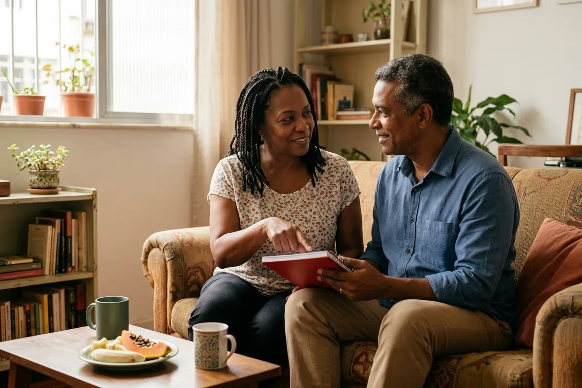 Casal de uns 50 anos conversando no sofá com um caderno na mão