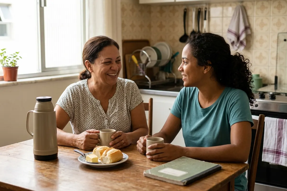 Mãe e filha adulta conversando e tomando café na mesa da cozinha